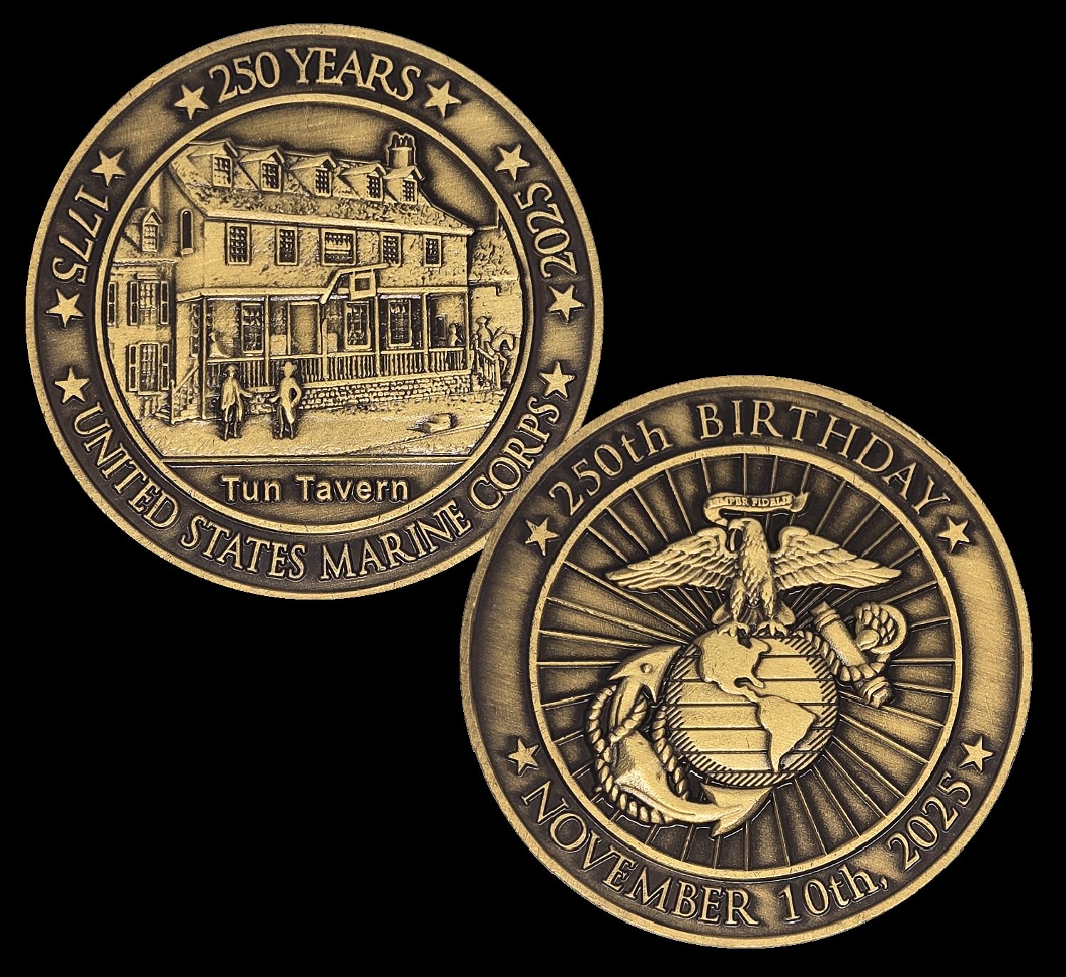 Secret Squirrel Solid Brass 2025 Marine Corps Coin, 2-inch diameter, a memorable Birthday Ball keepsake