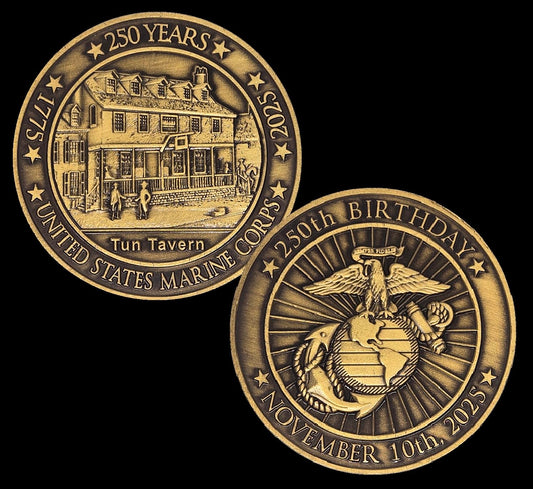 Secret Squirrel Solid Brass 2025 Marine Corps Coin, 2-inch diameter, a memorable Birthday Ball keepsake