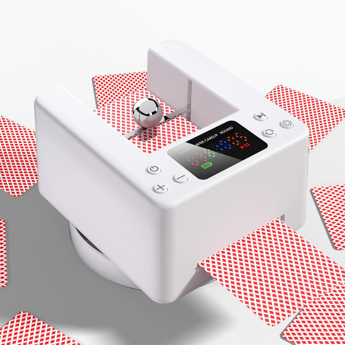 Seektain automatic card dealer front view showing clean white design for home games