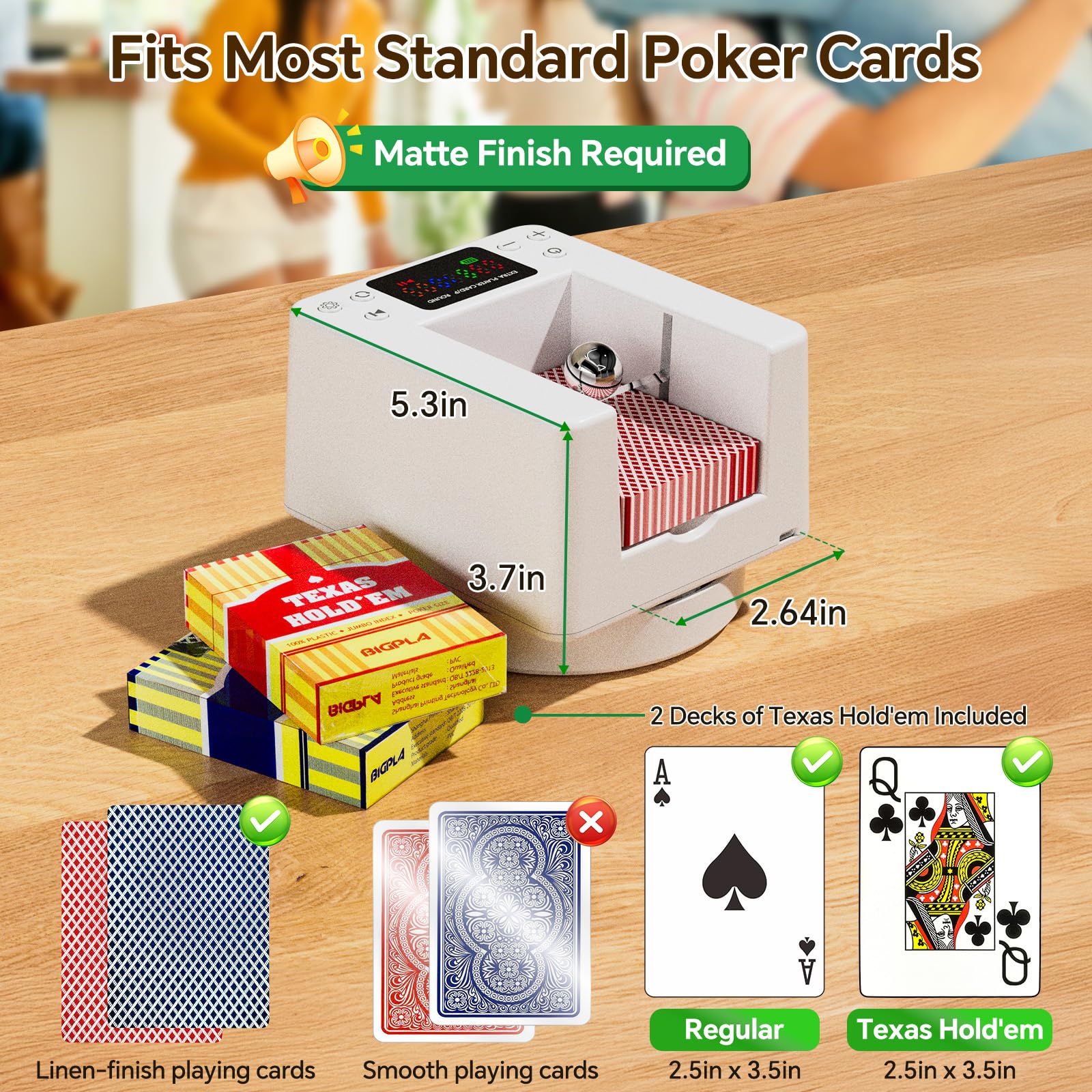 Seektain automatic card dealer side panel highlighting compact footprint for casual rooms