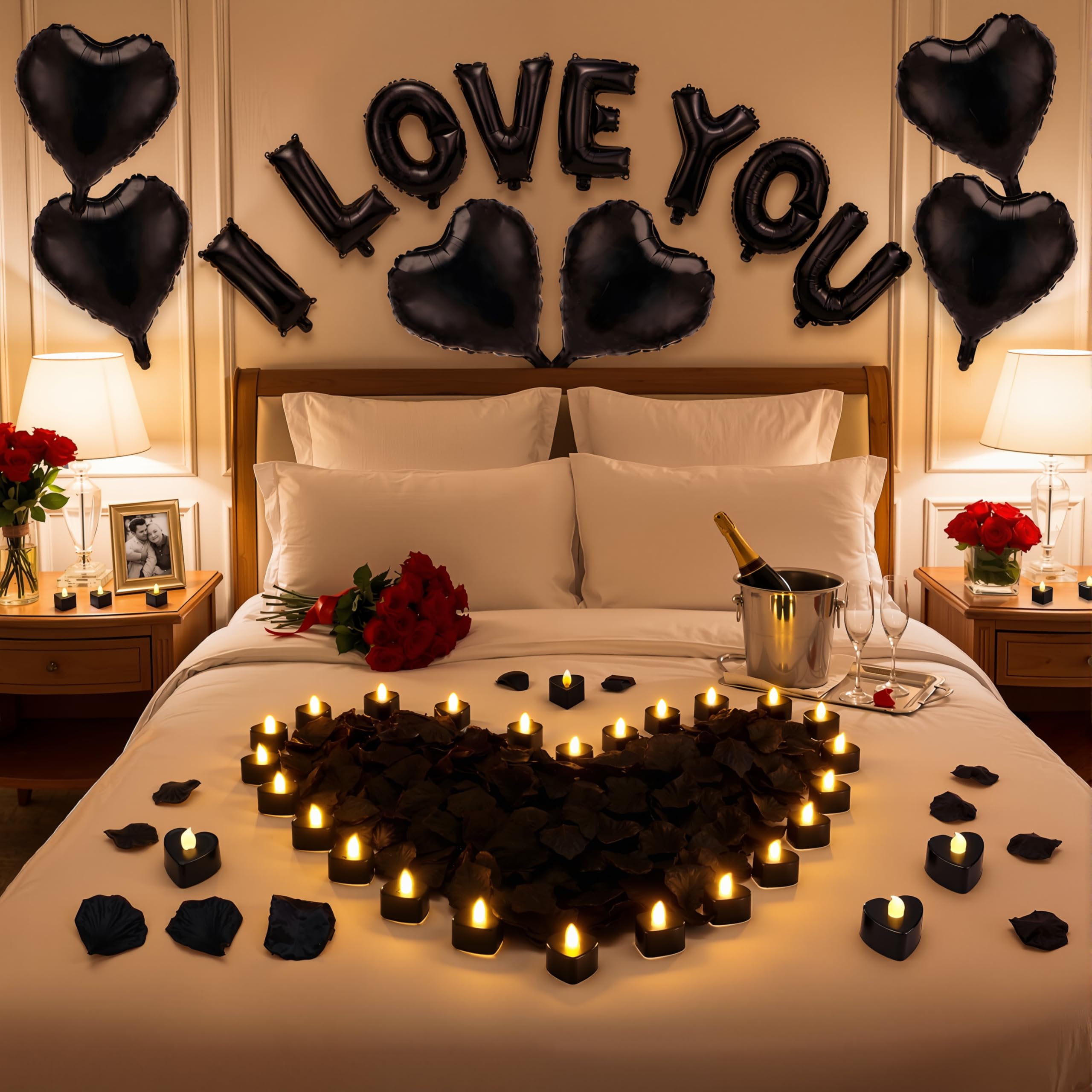 Seematn black valentines day balloons kit with I Love You banner enhances romantic photo moments.