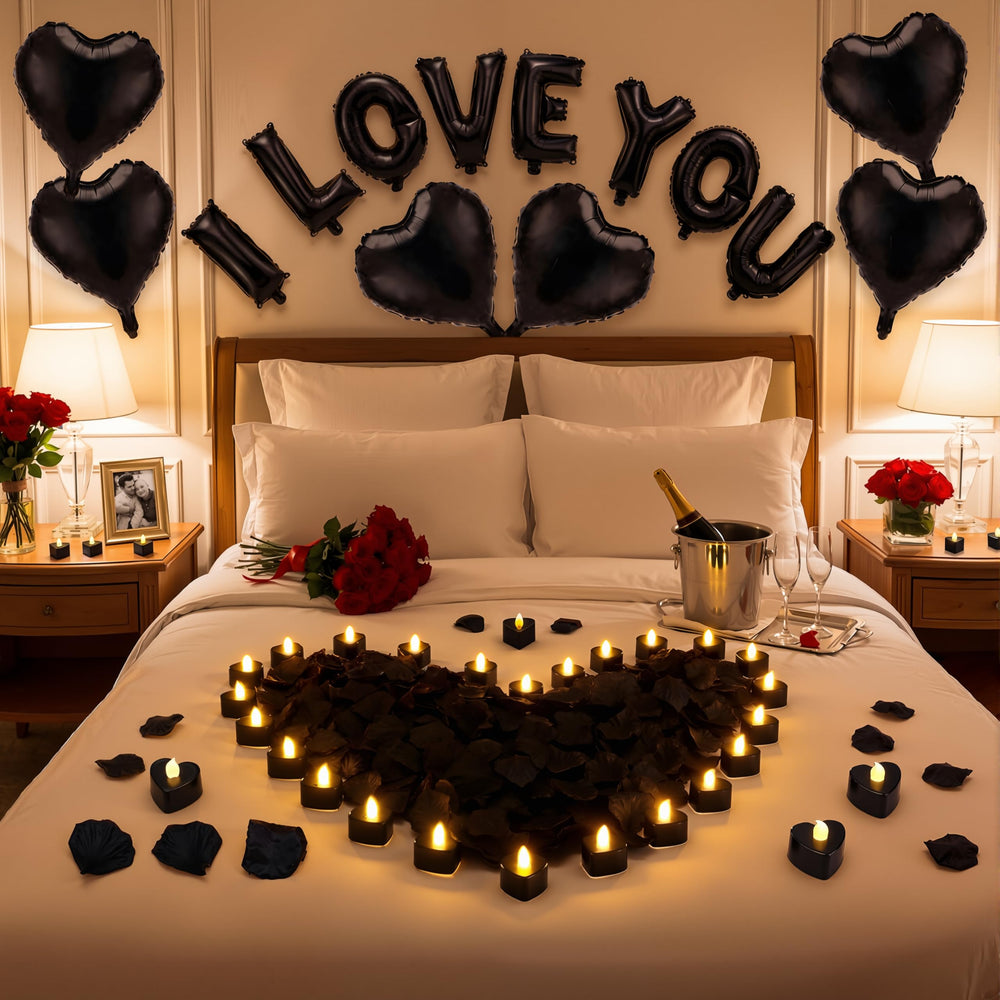 Seematn black valentines day balloons kit with I Love You banner enhances romantic photo moments.