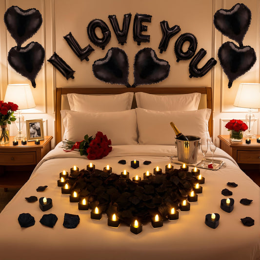Seematn black valentines day balloons kit with I Love You banner enhances romantic photo moments.