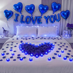 Seematn blue heart balloons with straw and ribbon for festive Valentine's decor.