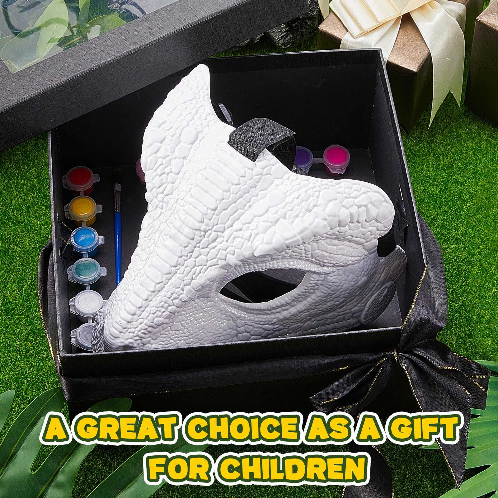 Seenelling unpainted blank mask invites kids to design their own dinosaur.