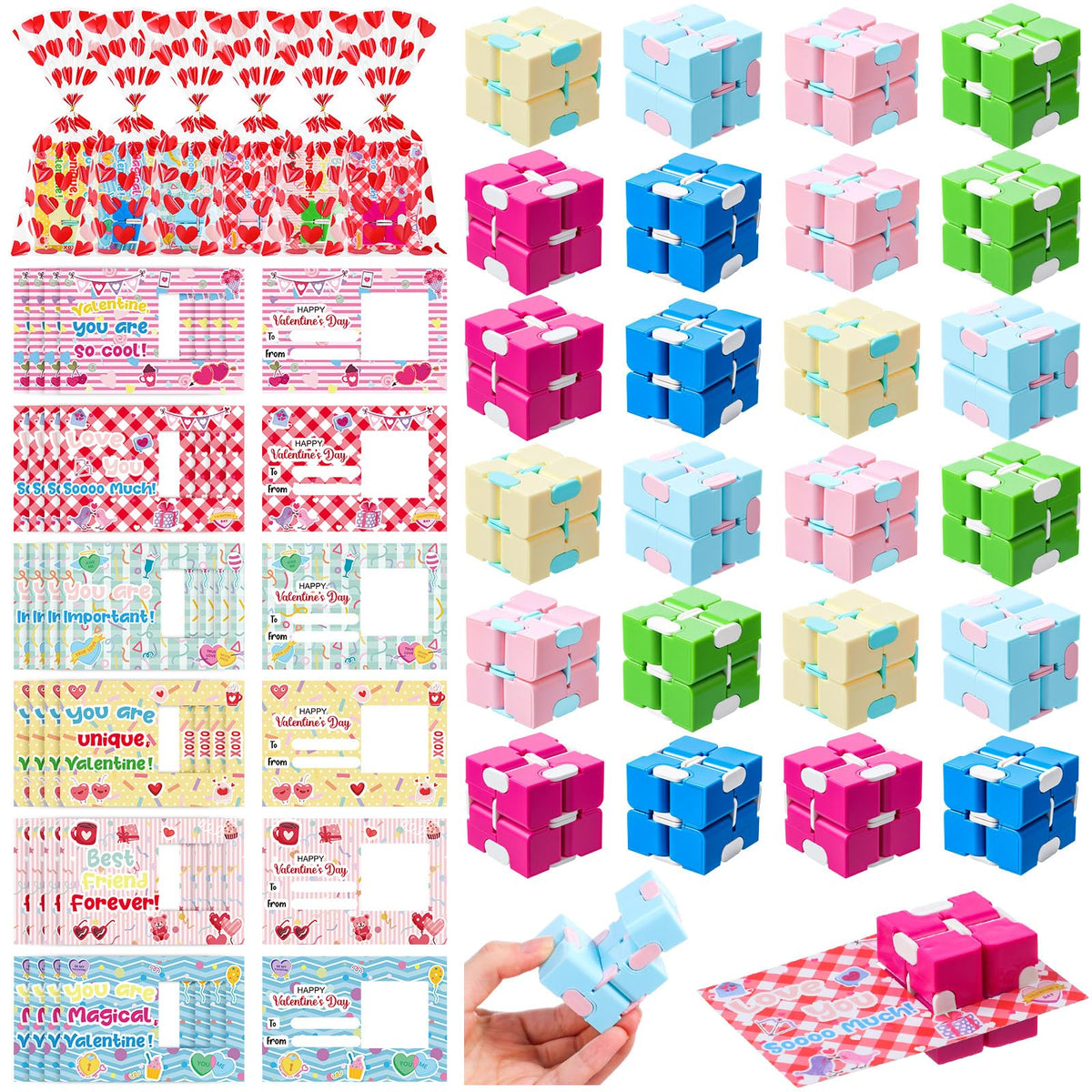 Seenelling infinity cube in six colors promotes tactile fun and creative play.