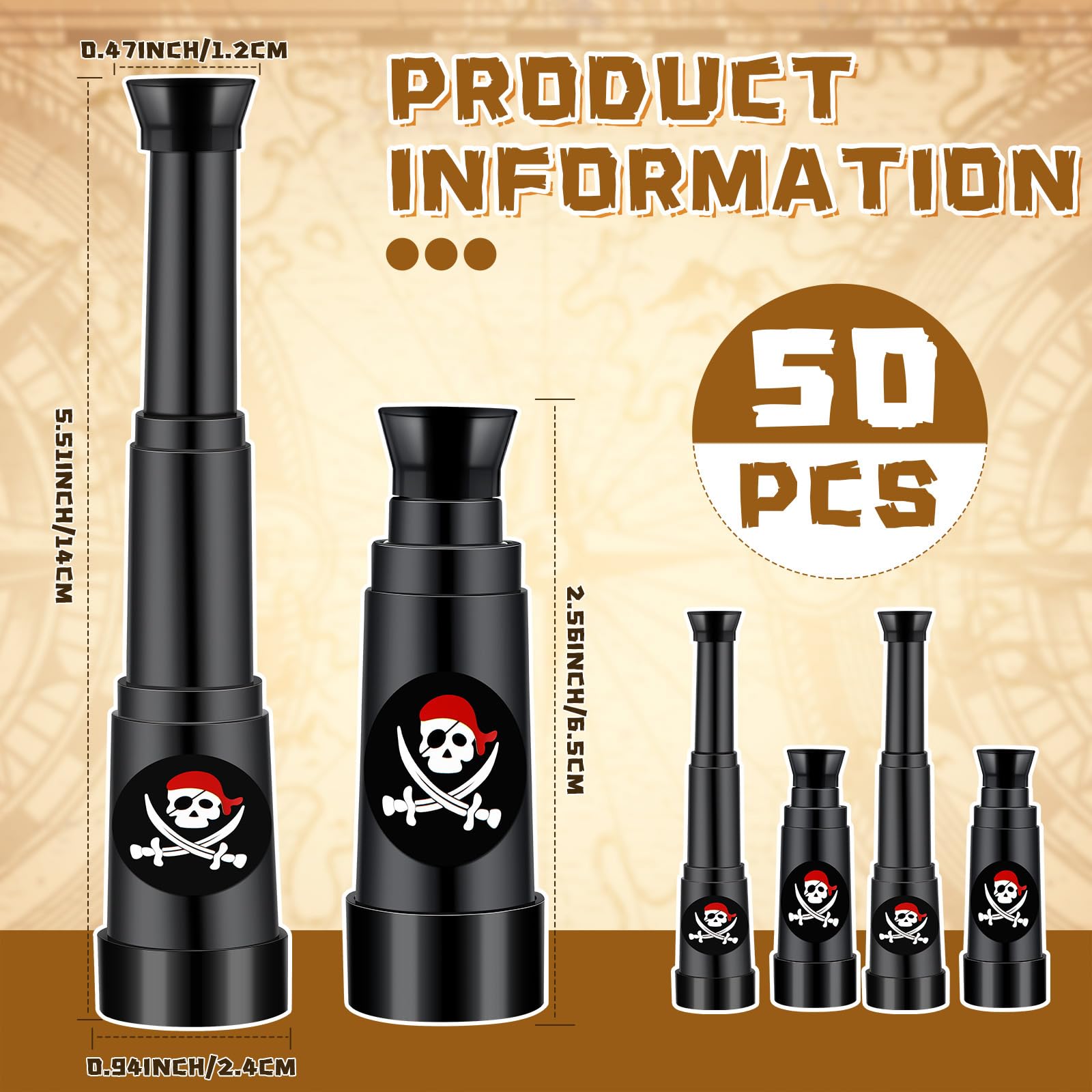 Seenelling mini pirate telescope with sticker enhances pirate-themed decoration.