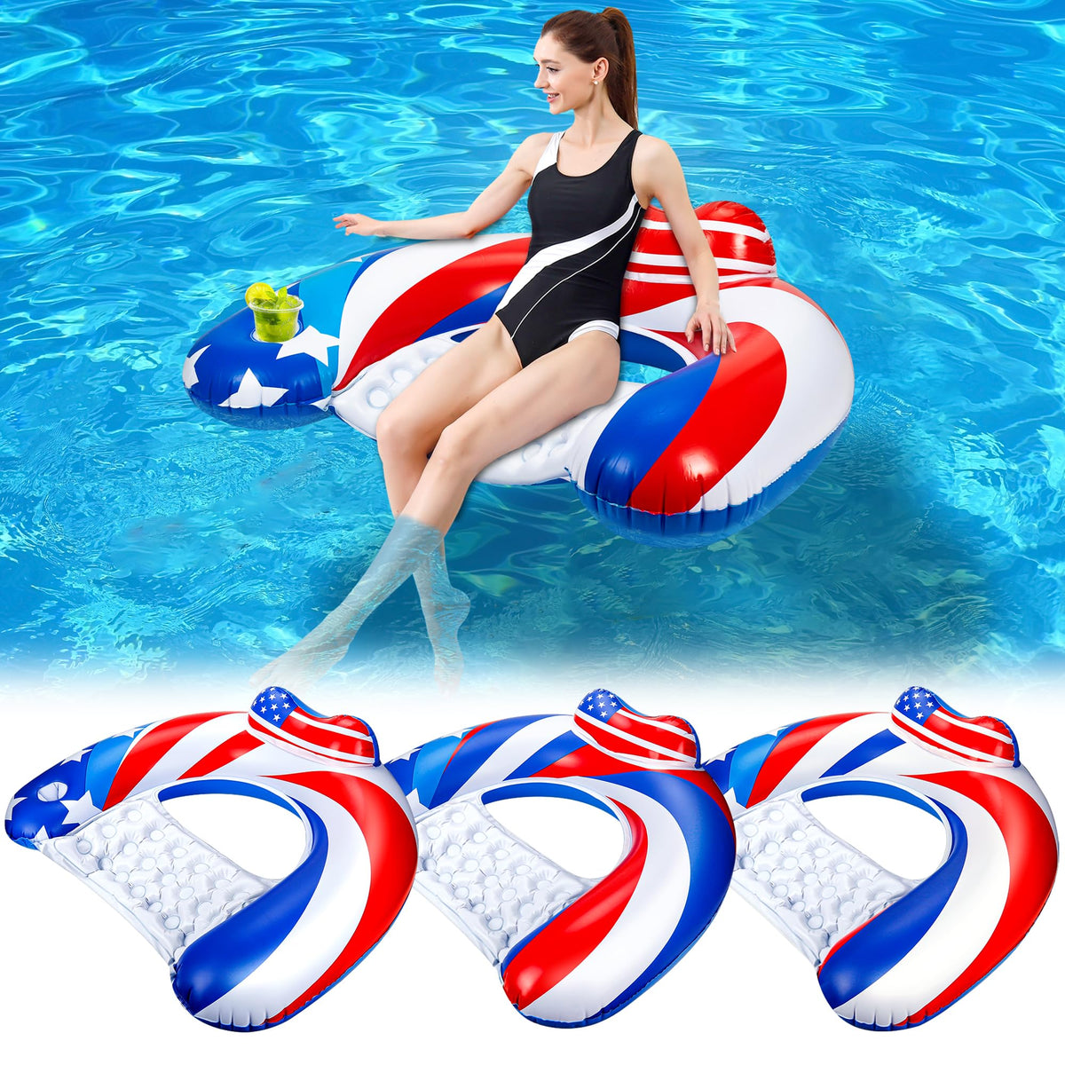 SEETOHOME 3-pack pool float chair with U-shaped stability for relaxing lounging.