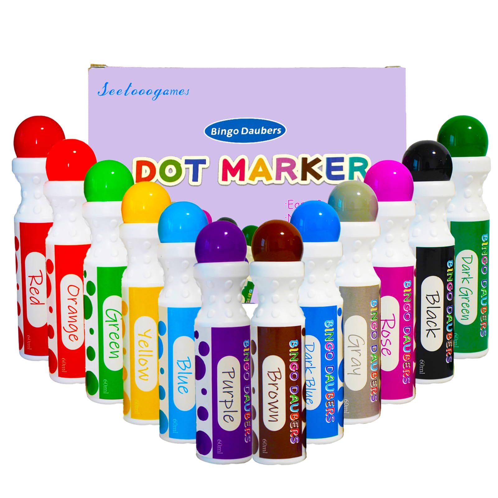 SEETOOOGAMES bingo dauber set with 12 colors for vibrant classroom or home art projects.