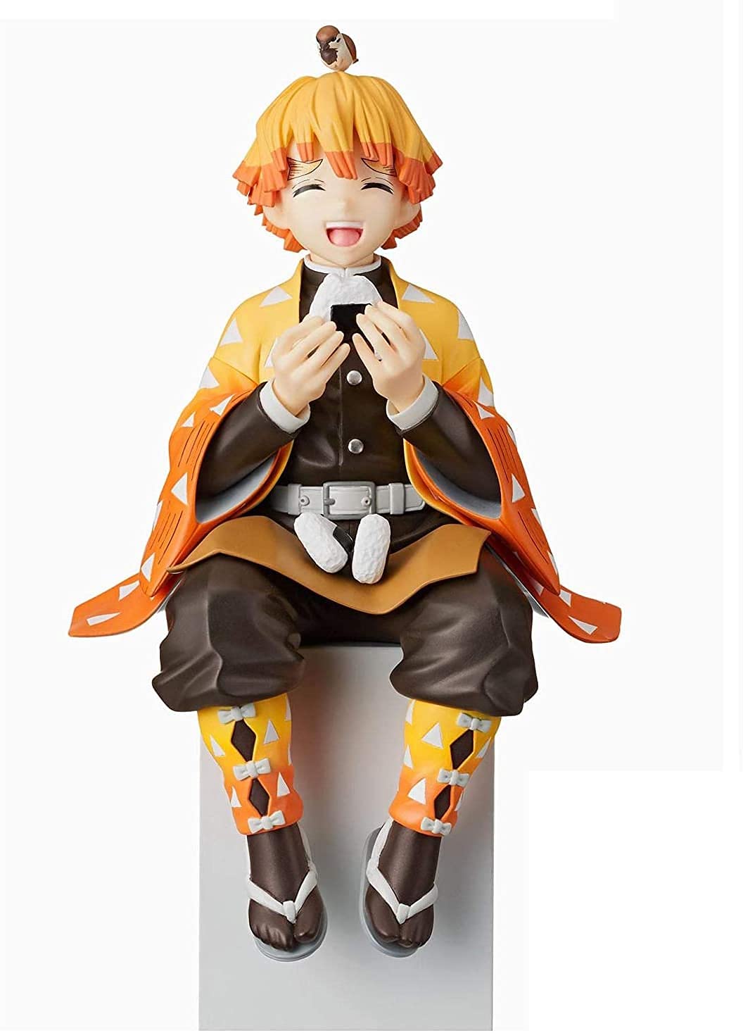SEGA Demon Slayer Zenitsu Agatsuma perching figure enhances shelf display and collection.