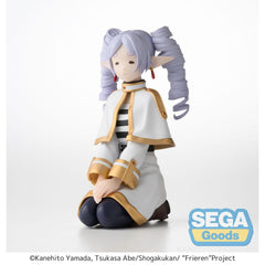 SEGA Frieren side view perching figure highlights pose for eye-catching shelf setups.