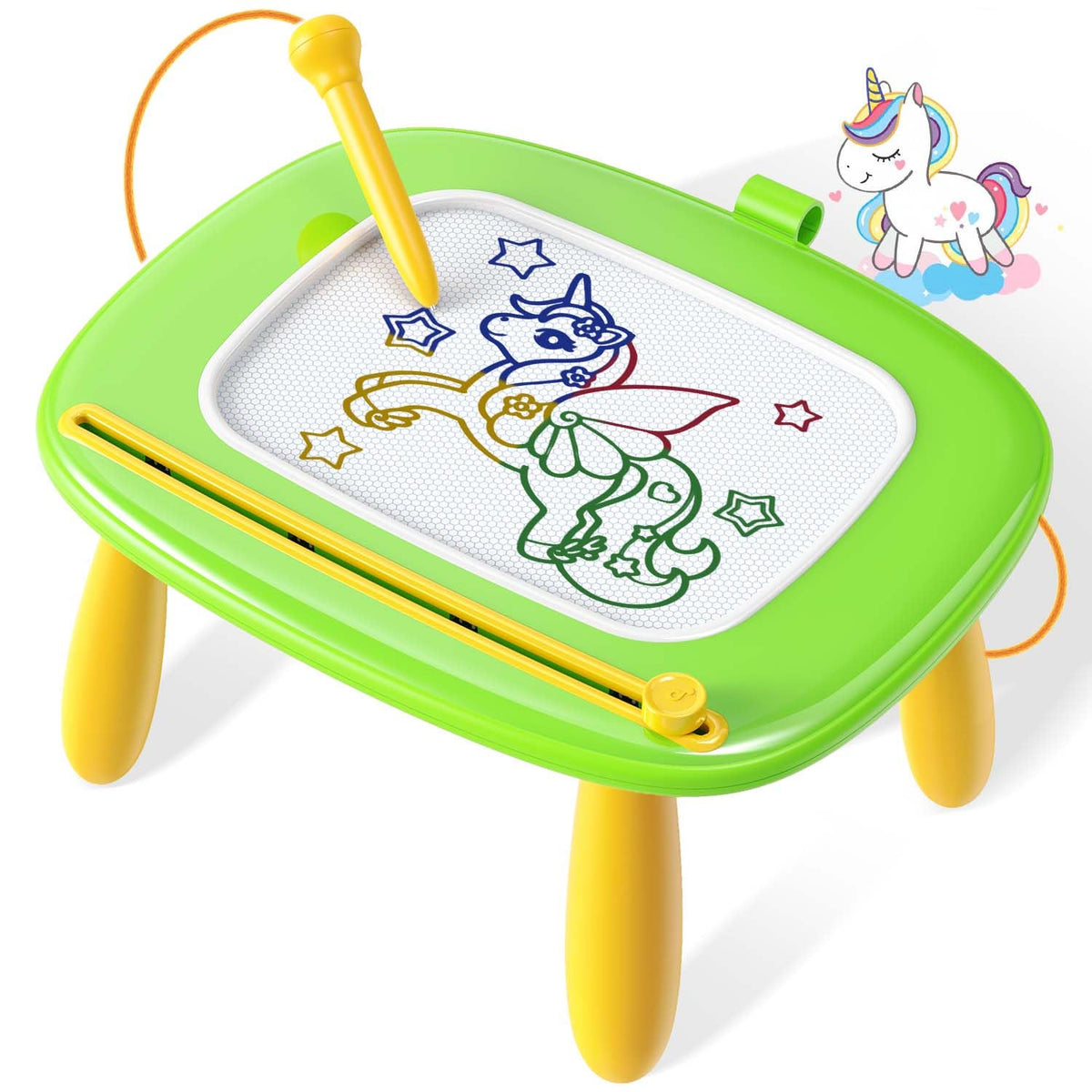 Seimome magnetic drawing board green front view for mess-free toddler creativity.