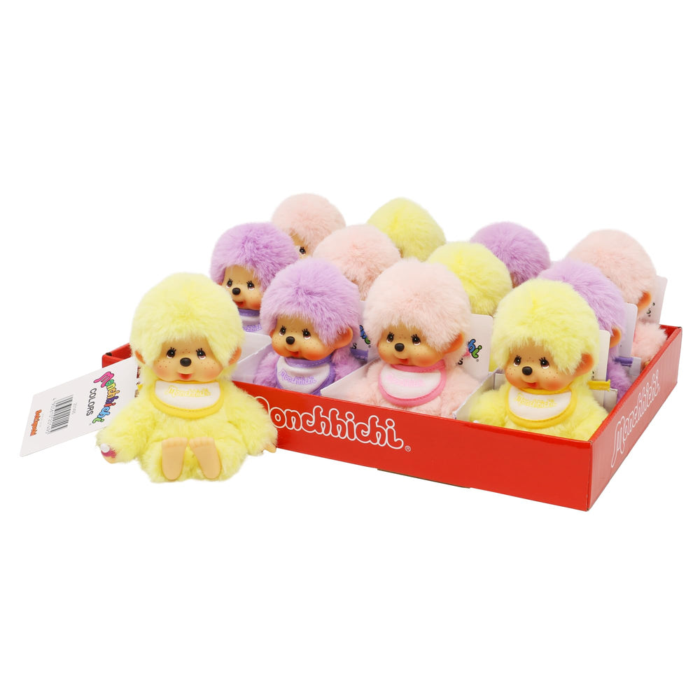 Sekiguchi Monchhichi Original yellow plush close-up, soft mohair ideal for cuddling.