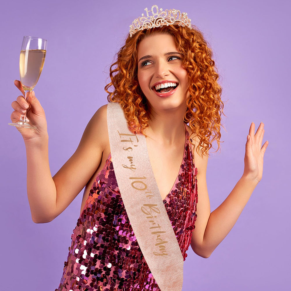 Semato Rose Gold Sash worn by model showing cohesive birthday style