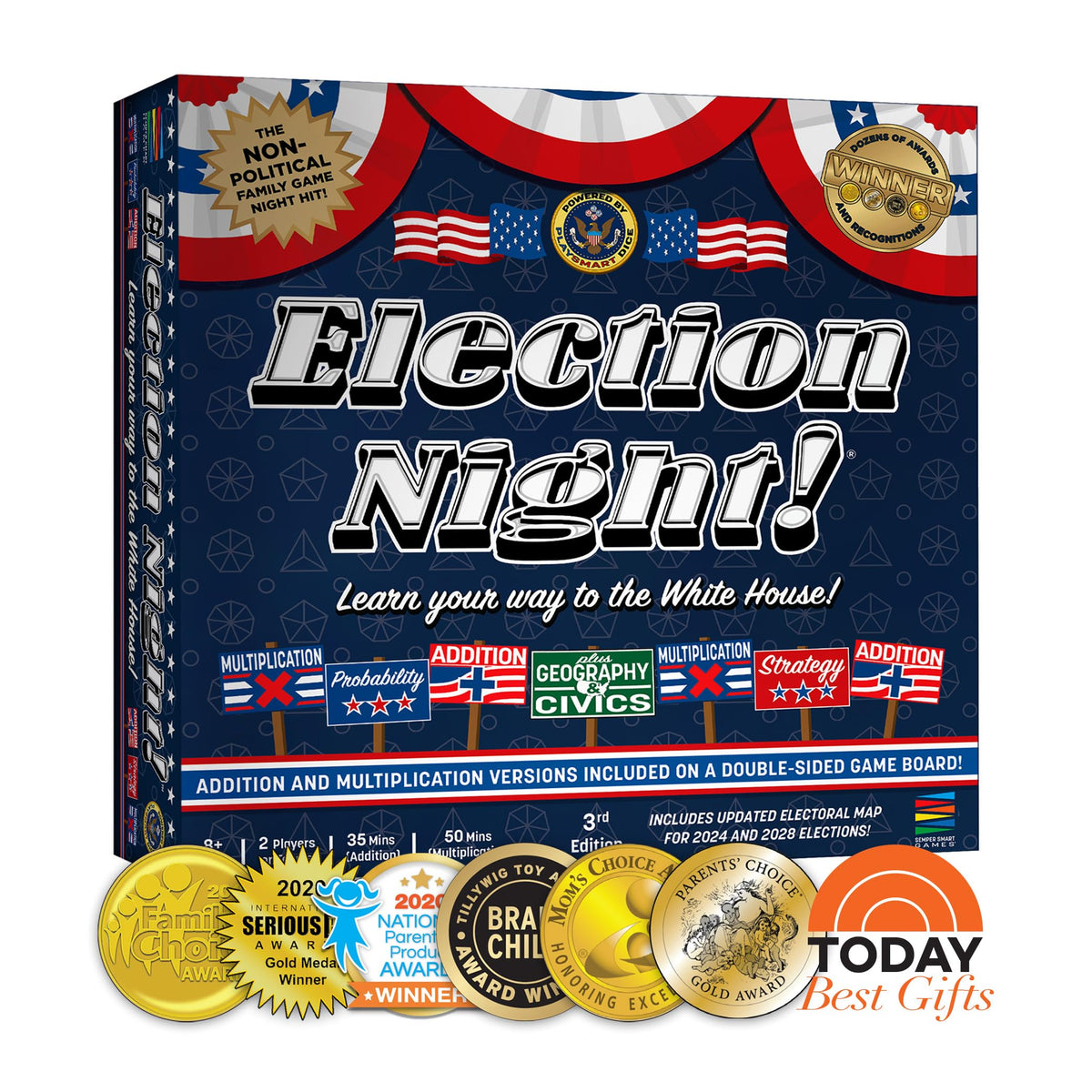 Election Night board by Semper Smart Games highlighting strategic learning for math and civics at home.