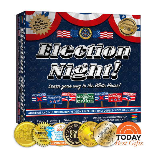 Election Night board by Semper Smart Games highlighting strategic learning for math and civics at home.