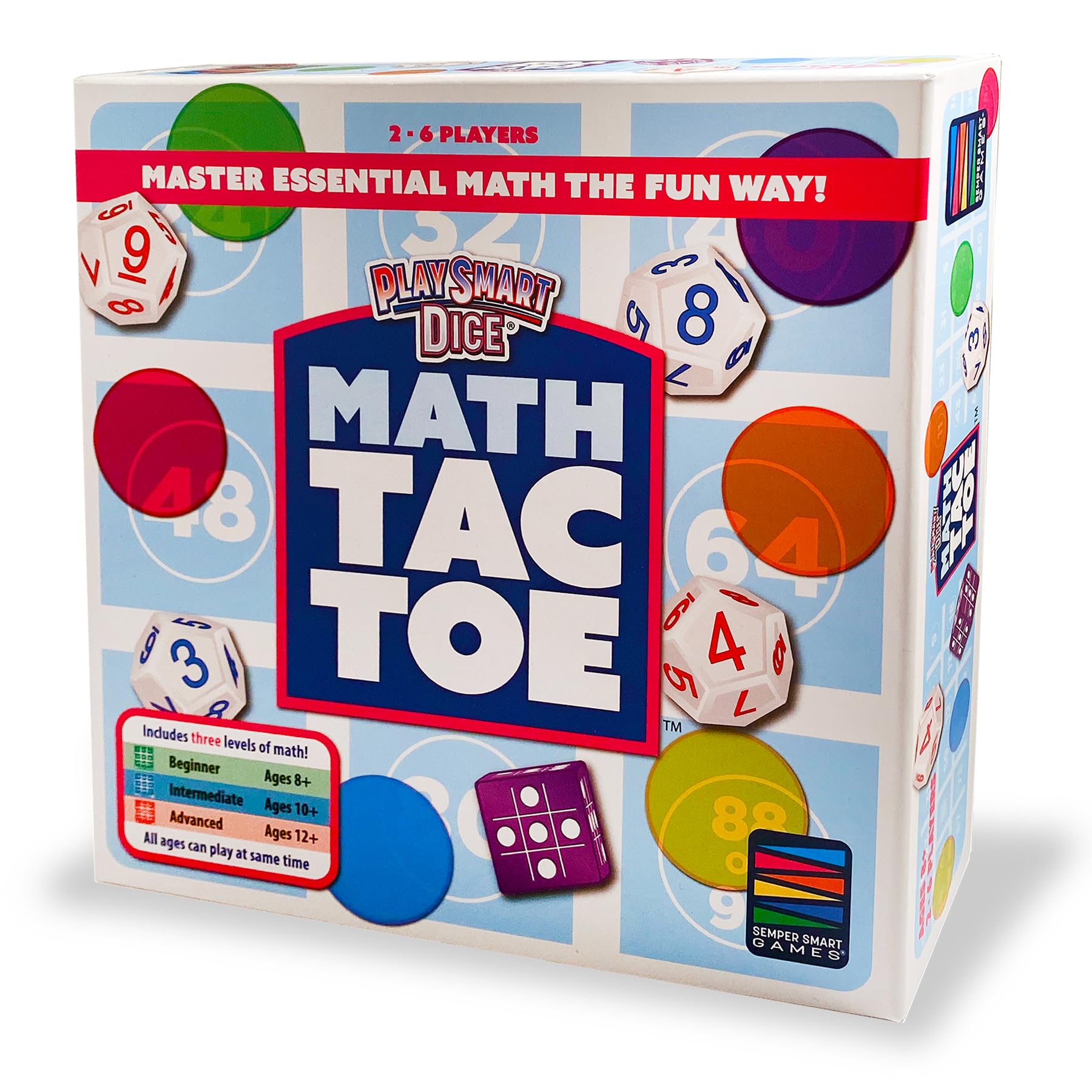 Semper PlaySmart Dice-Math-Tac-Toe chips and boards illustrate multi-skill levels.