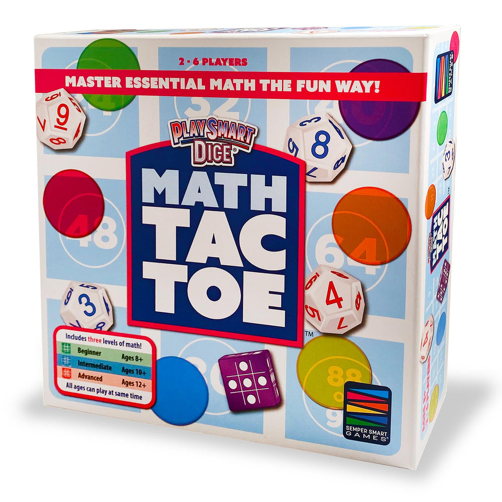 Semper PlaySmart Dice-Math-Tac-Toe chips and boards illustrate multi-skill levels.