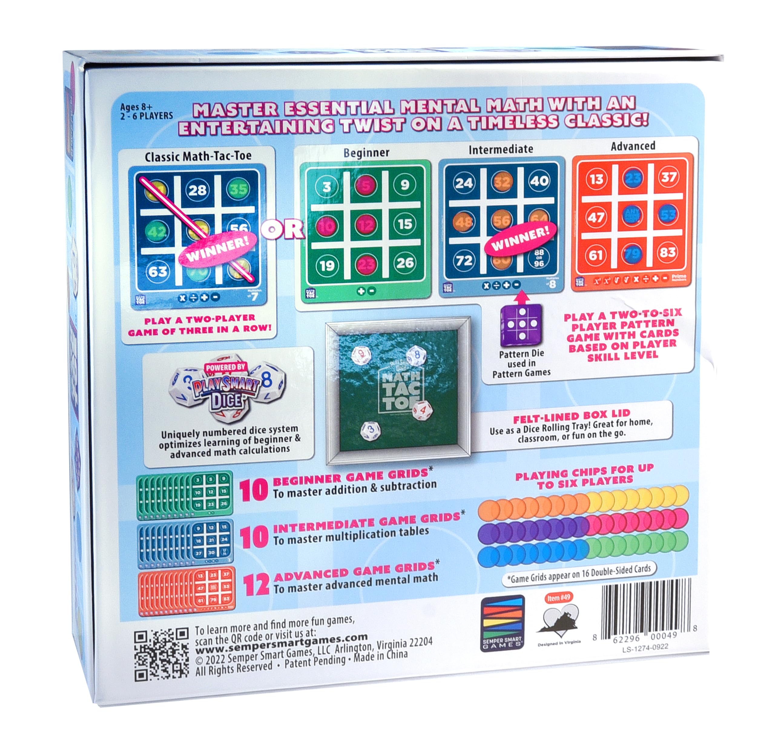 Semper PlaySmart Dice-Math-Tac-Toe pattern die and grids suit classrooms.