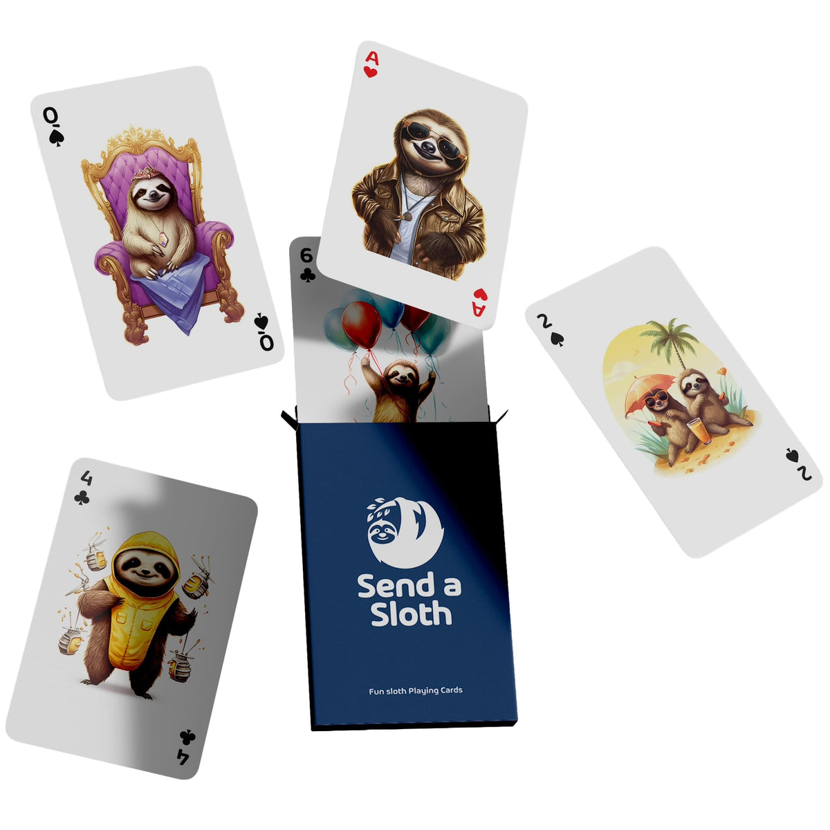 SEND A SLOTH sloth playing cards cover featuring charming art for a memorable gift.