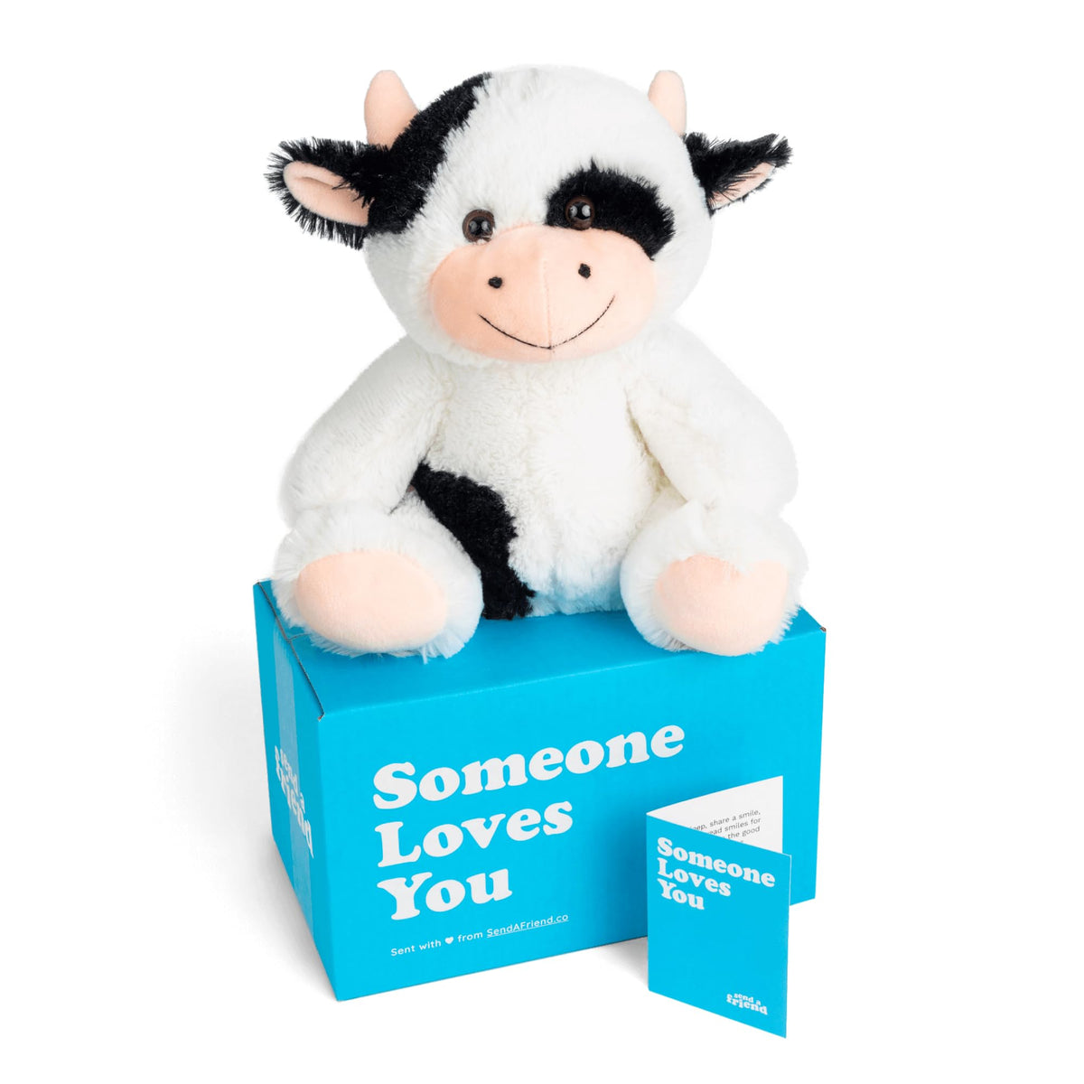 SendAFriend Cooper the Cow plush in a gift-ready box for faraway hugs.