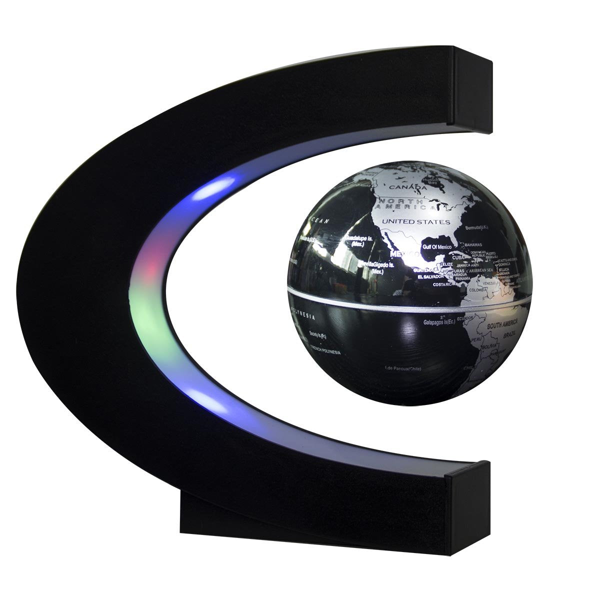 Senders floating globe with LED midair rotation enhances modern desk aesthetics