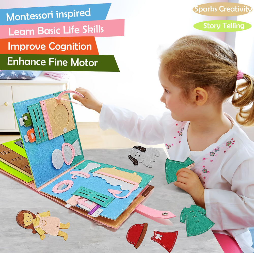 Sendhjurf Montessori Busy Book opening page with interactive activities supporting language