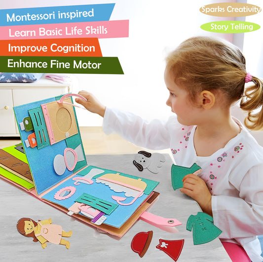 Sendhjurf Montessori Busy Book opening page with interactive activities supporting language