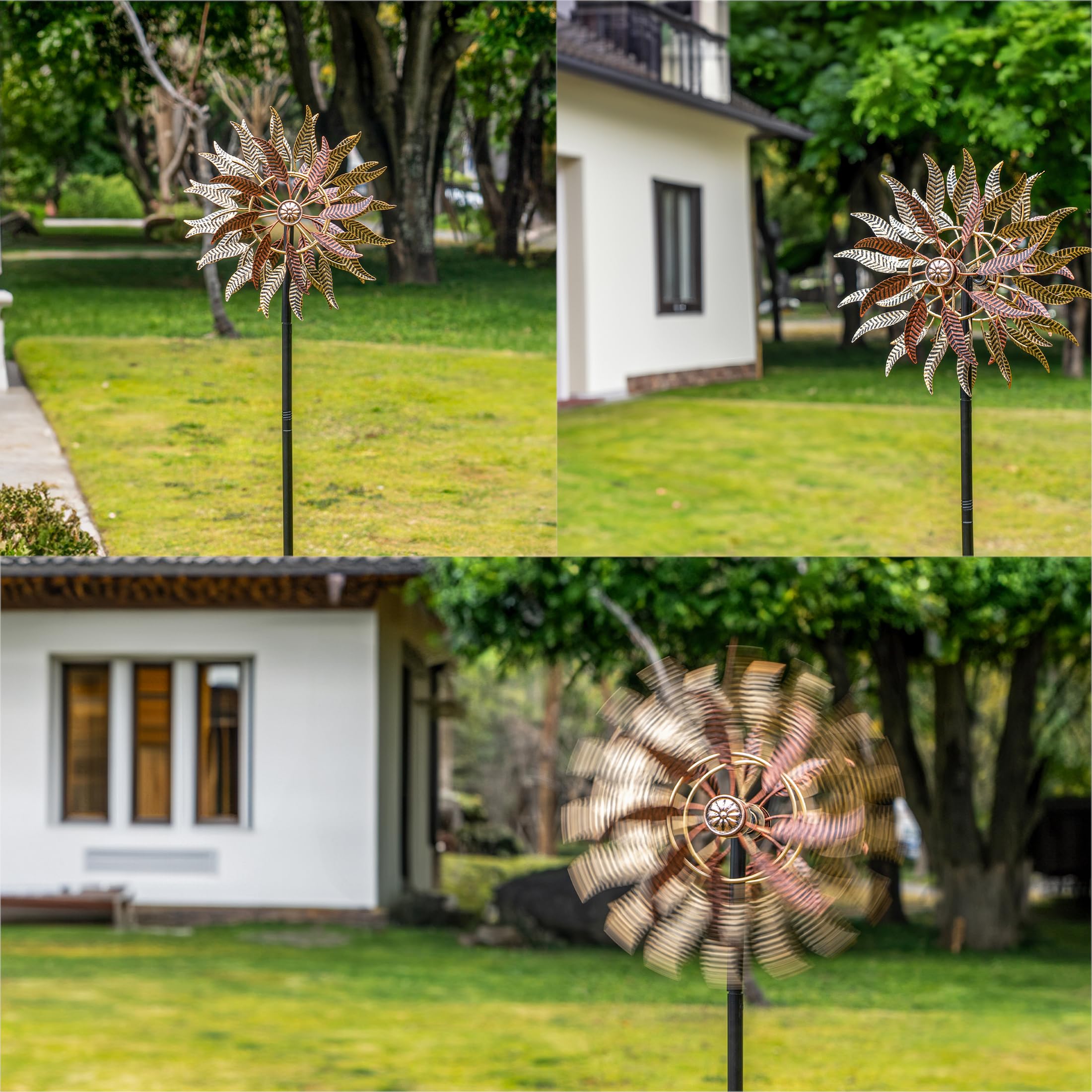 Senflame wind spinner in backyard adds kinetic motion and color.