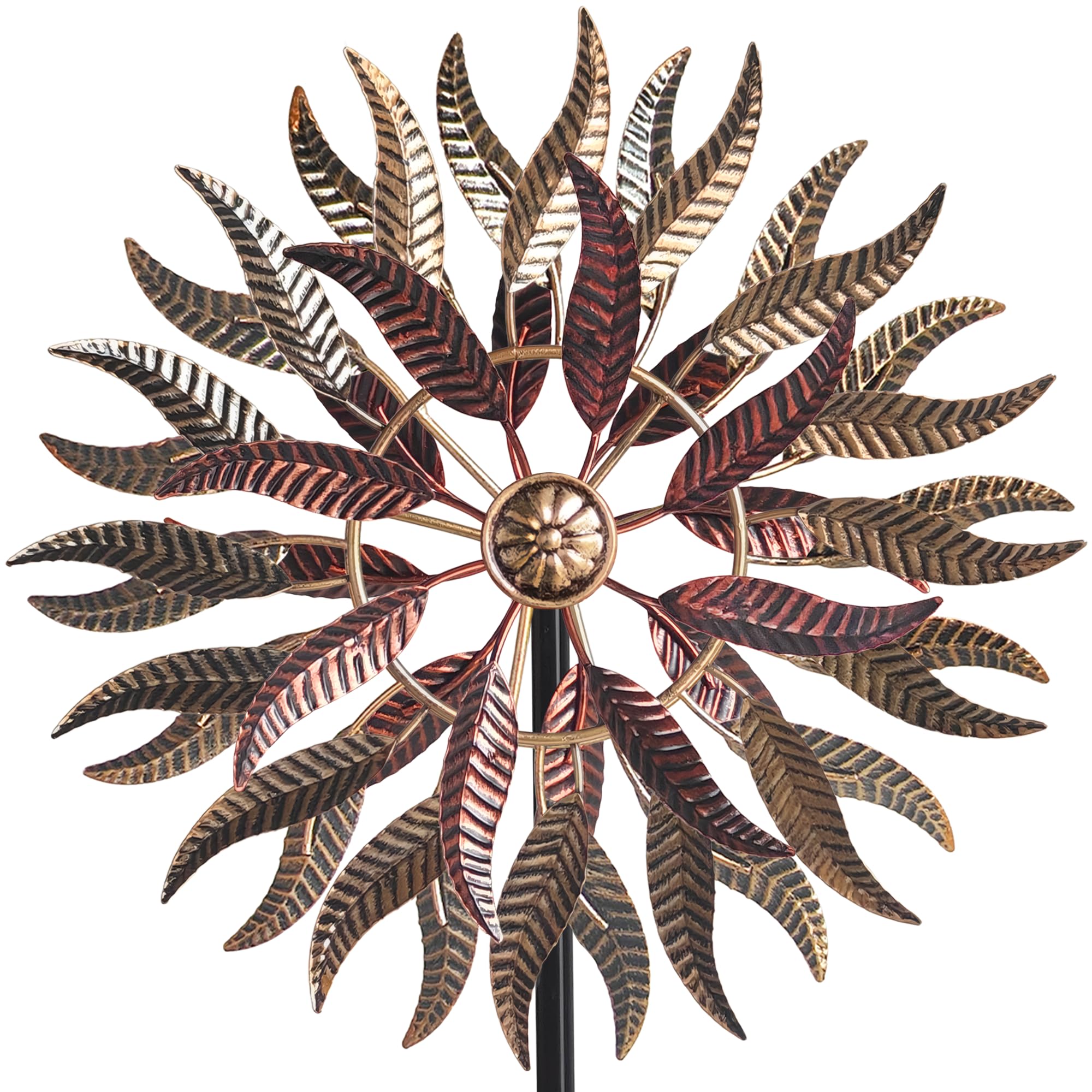 Senflame wind spinner front view shows bold metal design for yard charm.