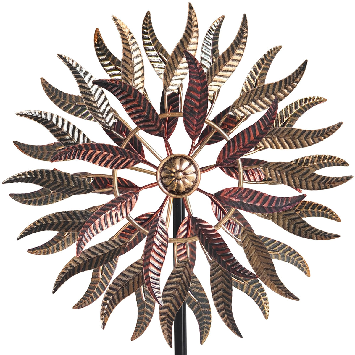 Senflame wind spinner front view shows bold metal design for yard charm.