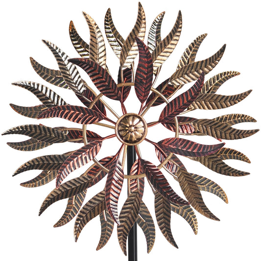 Senflame wind spinner front view shows bold metal design for yard charm.