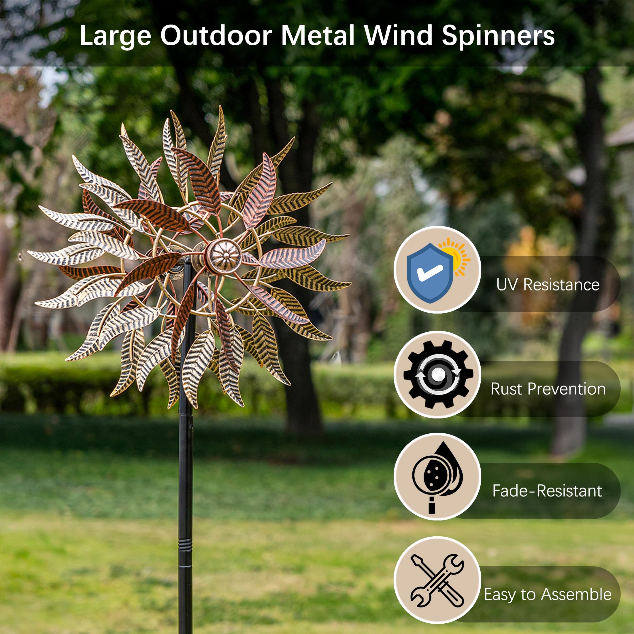 Senflame wind spinner installed in garden shows easy tool-free setup.