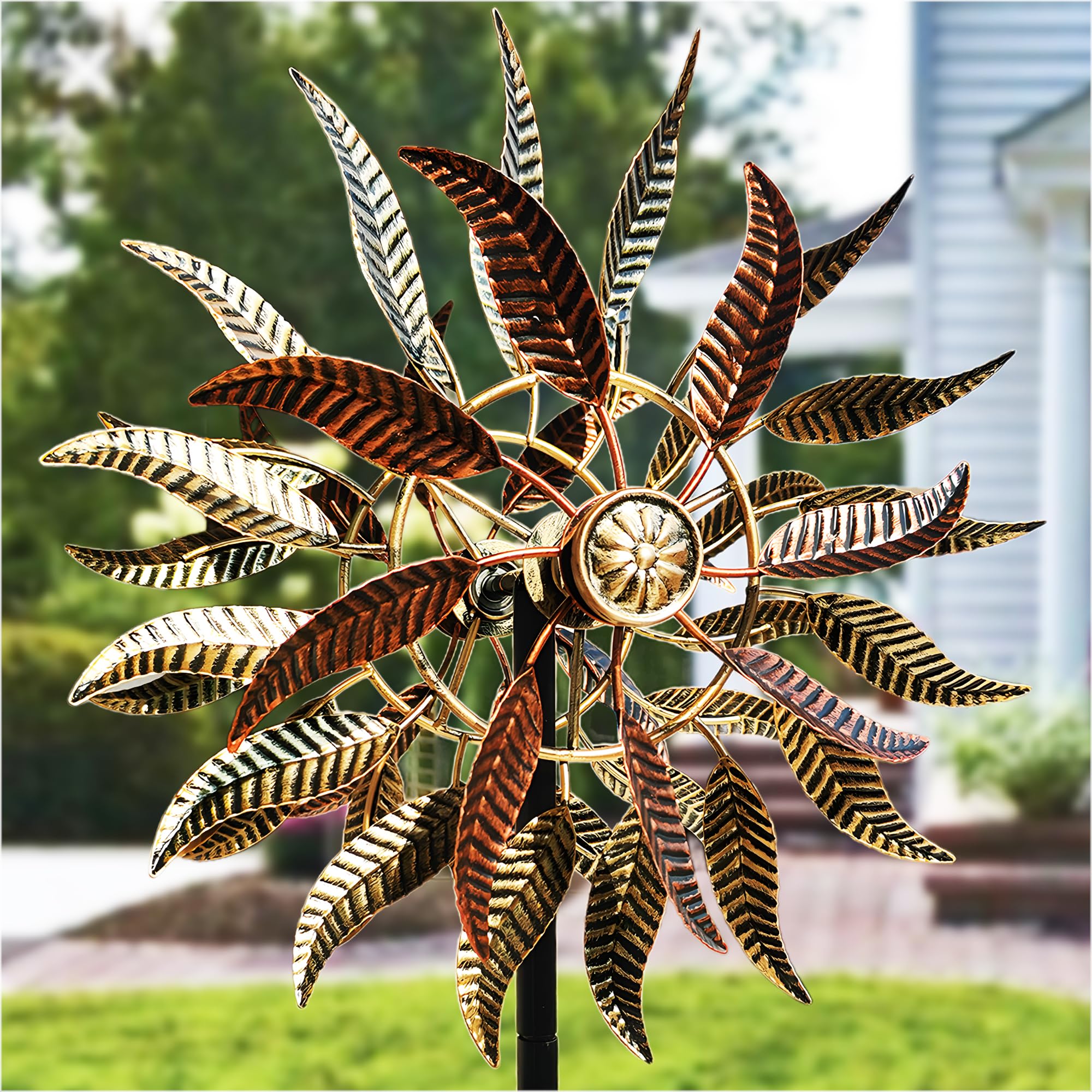 Senflame wind spinner two-layer flower detail enhances garden focal point.