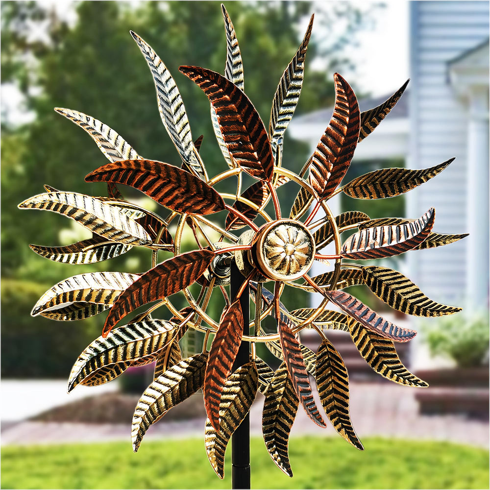 Senflame wind spinner two-layer flower detail enhances garden focal point.