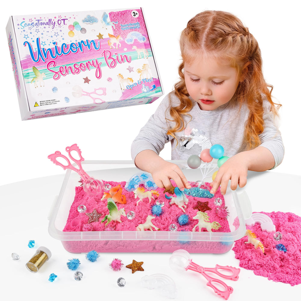 Sensationally OT unicorn sensory sand bin with colorful sand for imaginative play.