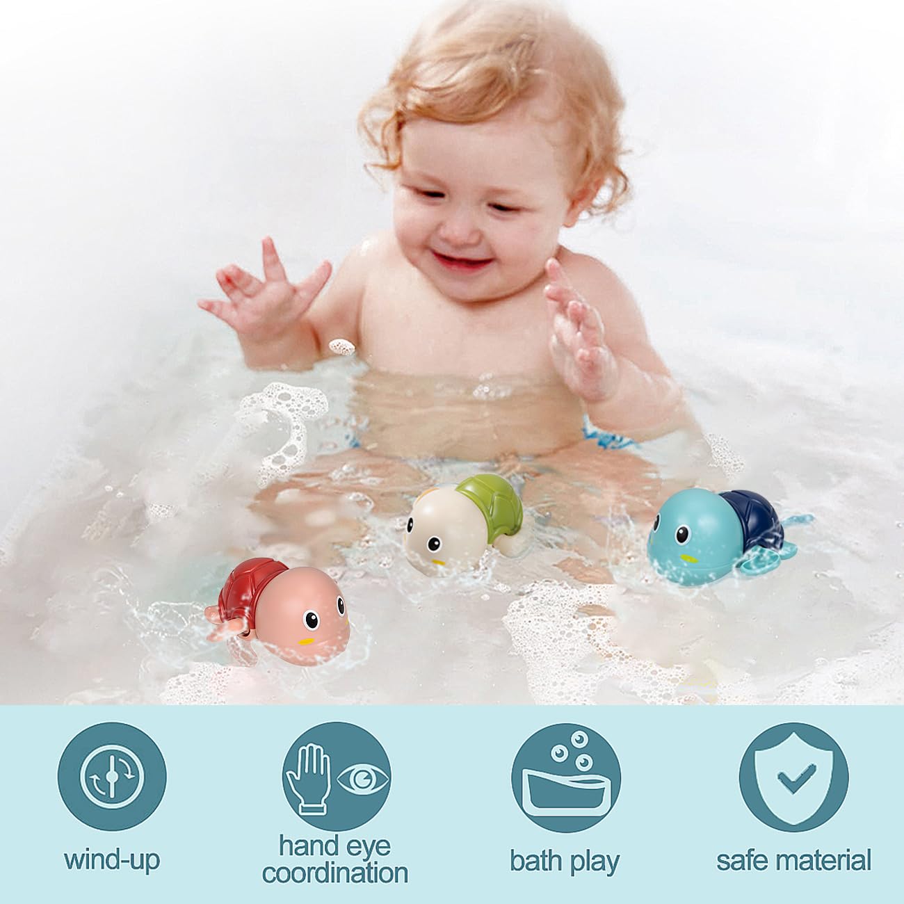 SEPHIX blue turtle swim toy in bath promoting cooperative play