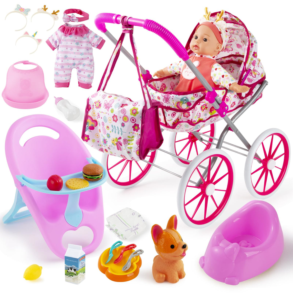 Seppacio baby doll stroller folded for easy storage and transport.