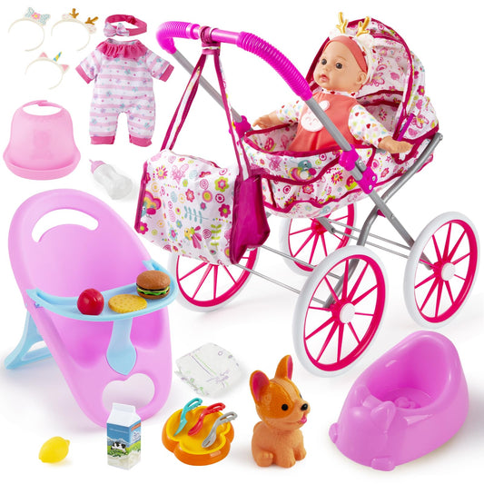 Seppacio baby doll stroller folded for easy storage and transport.