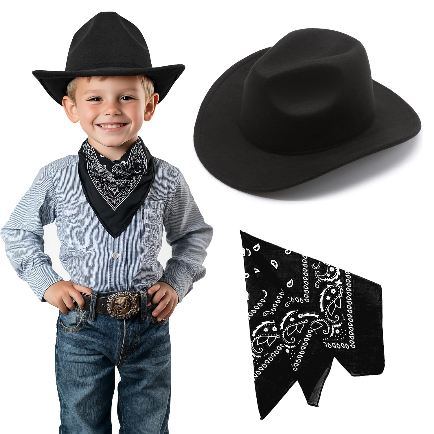 SeptCity kids cowboy hat in black close-up showing adjustable fit for comfort