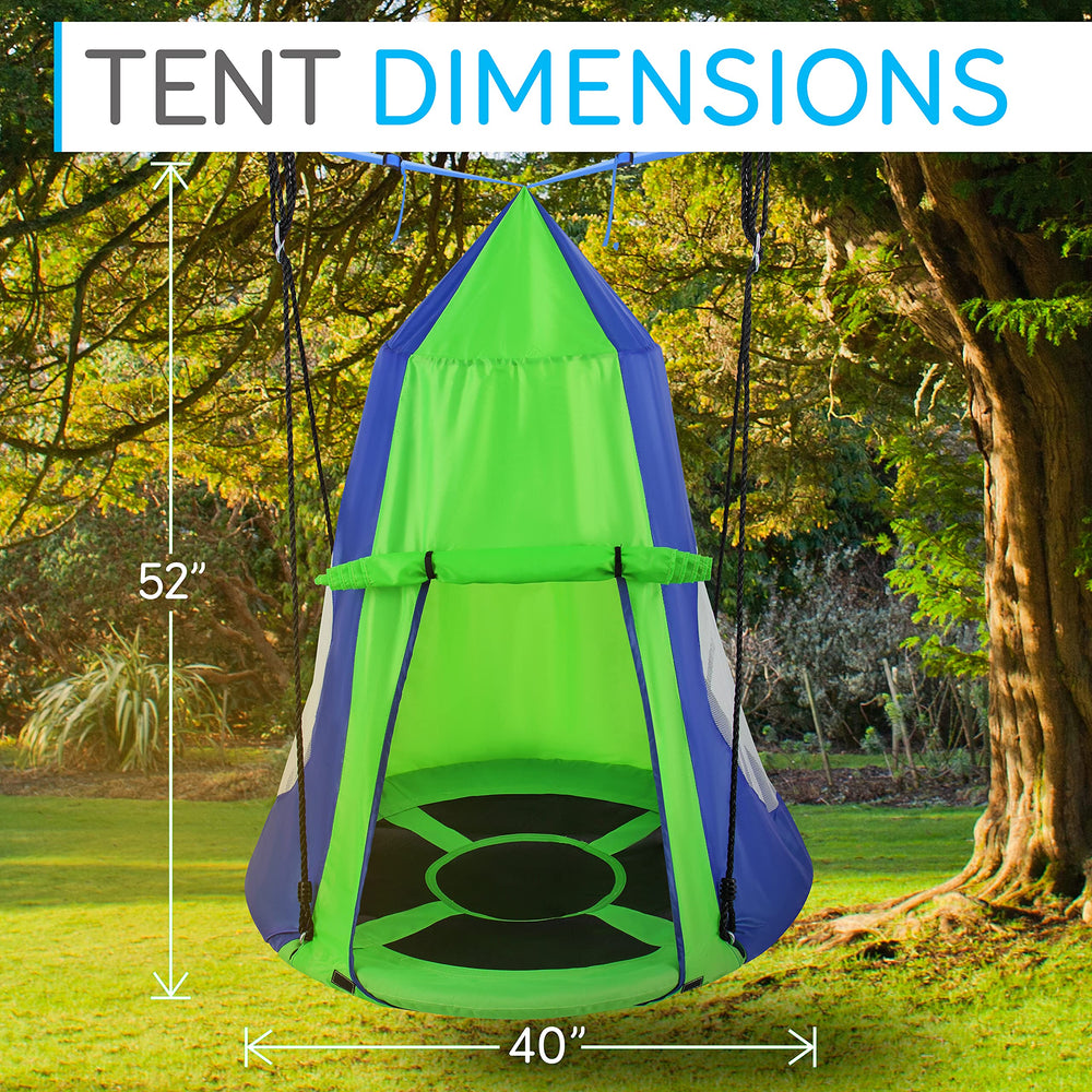 SereneLife green saucer swing tent with rope straps for safe backyard play
