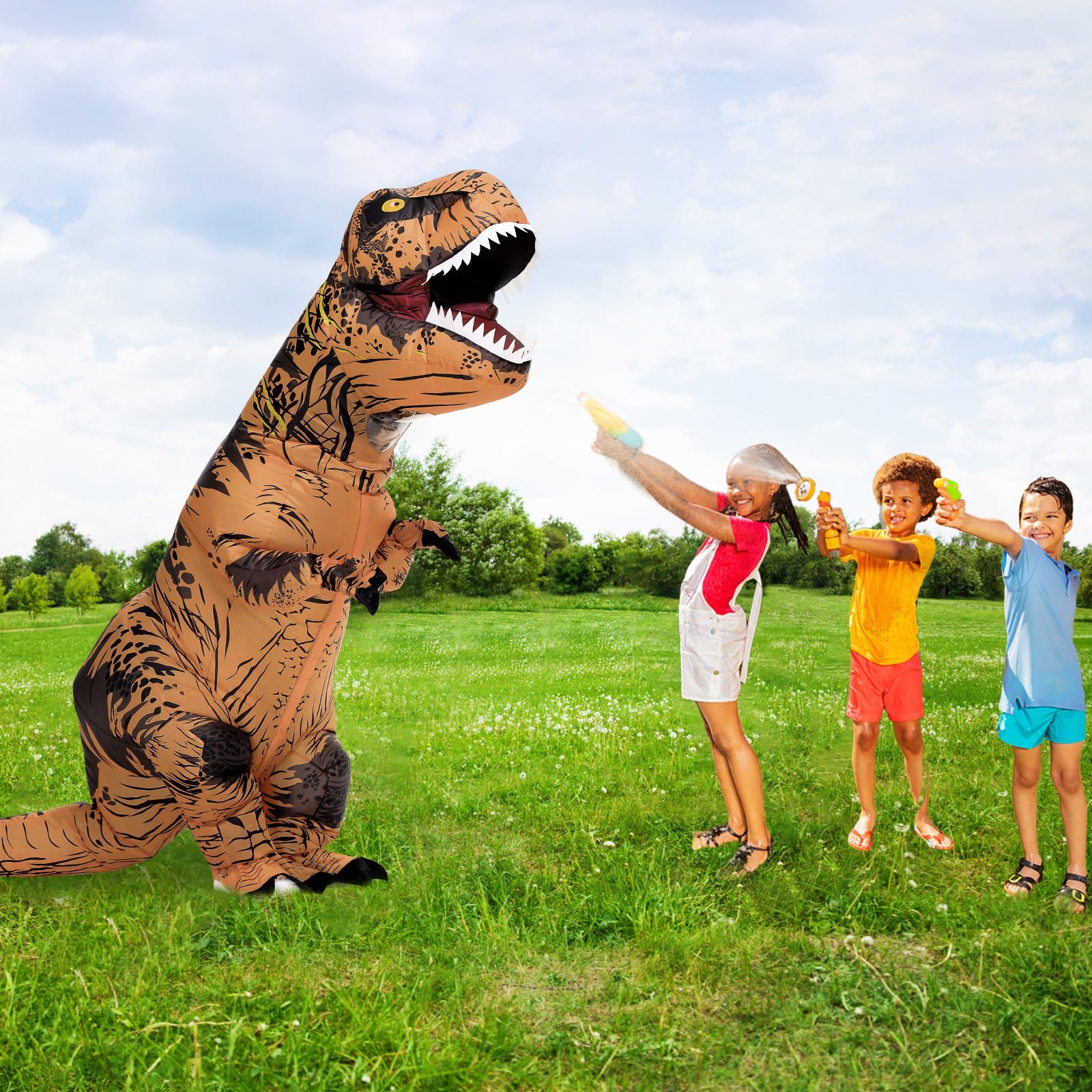 Servllcell dinosaur-costume Halloween action, shows energetic celebration.