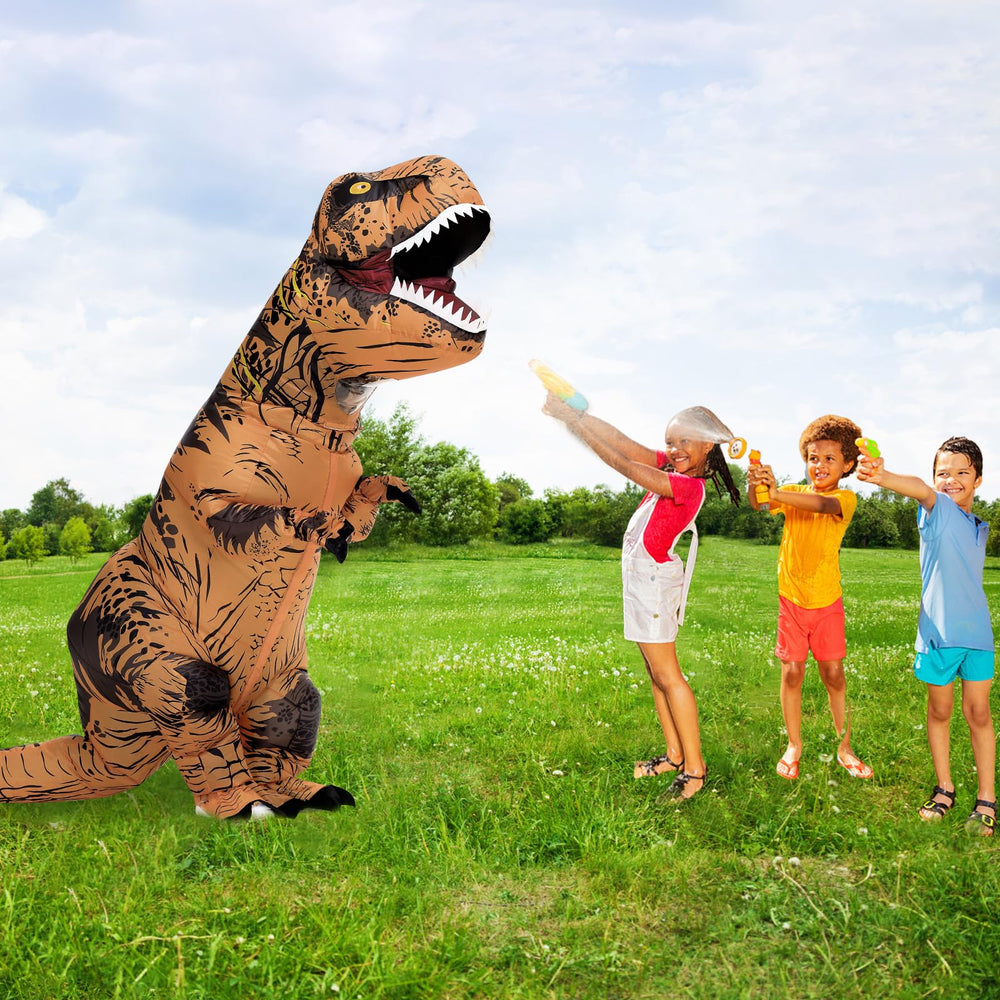 Servllcell dinosaur-costume Halloween action, shows energetic celebration.