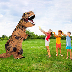 Servllcell dinosaur-costume Halloween action, shows energetic celebration.