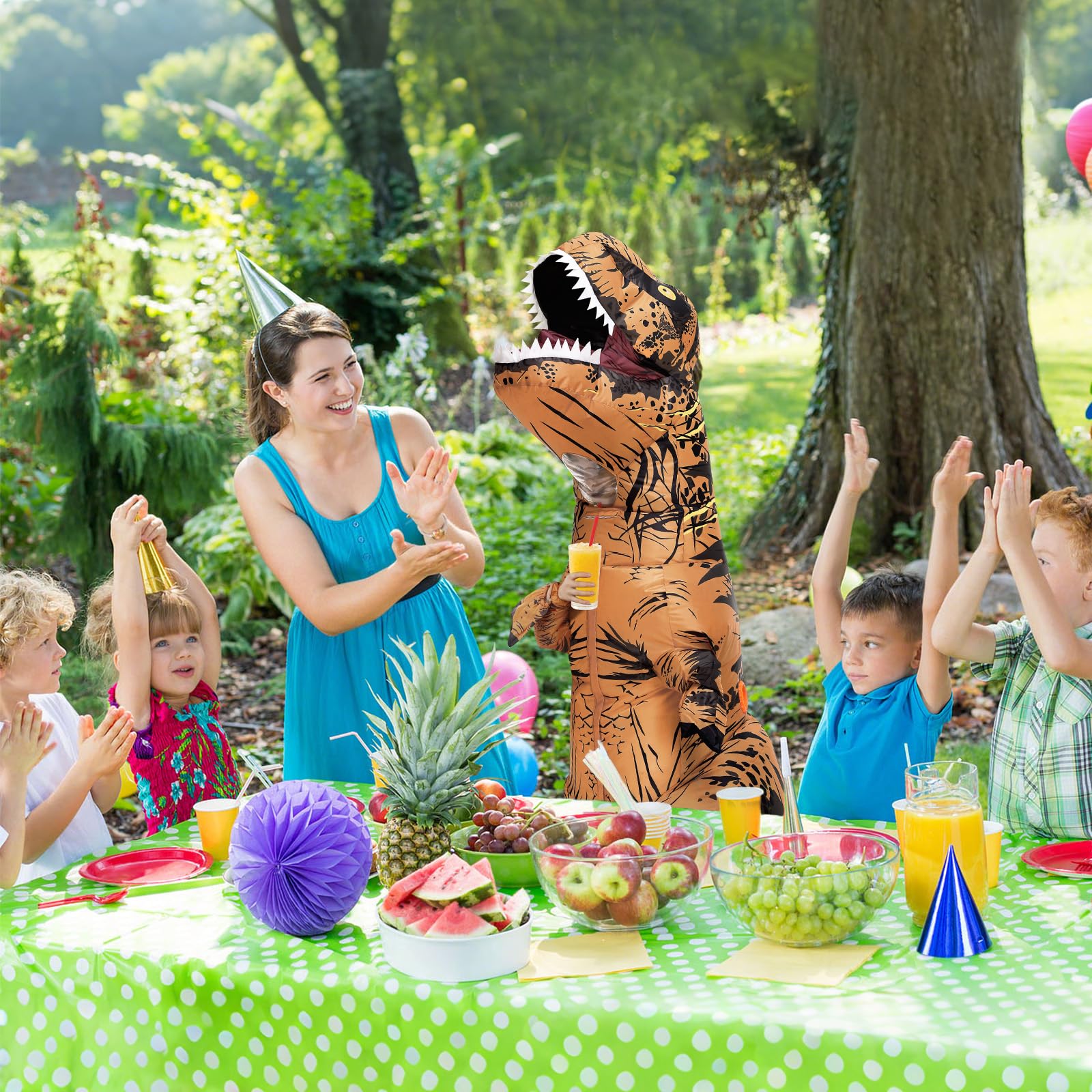 Servllcell dinosaur costume wearer enjoying party, ready for Halloween fun.