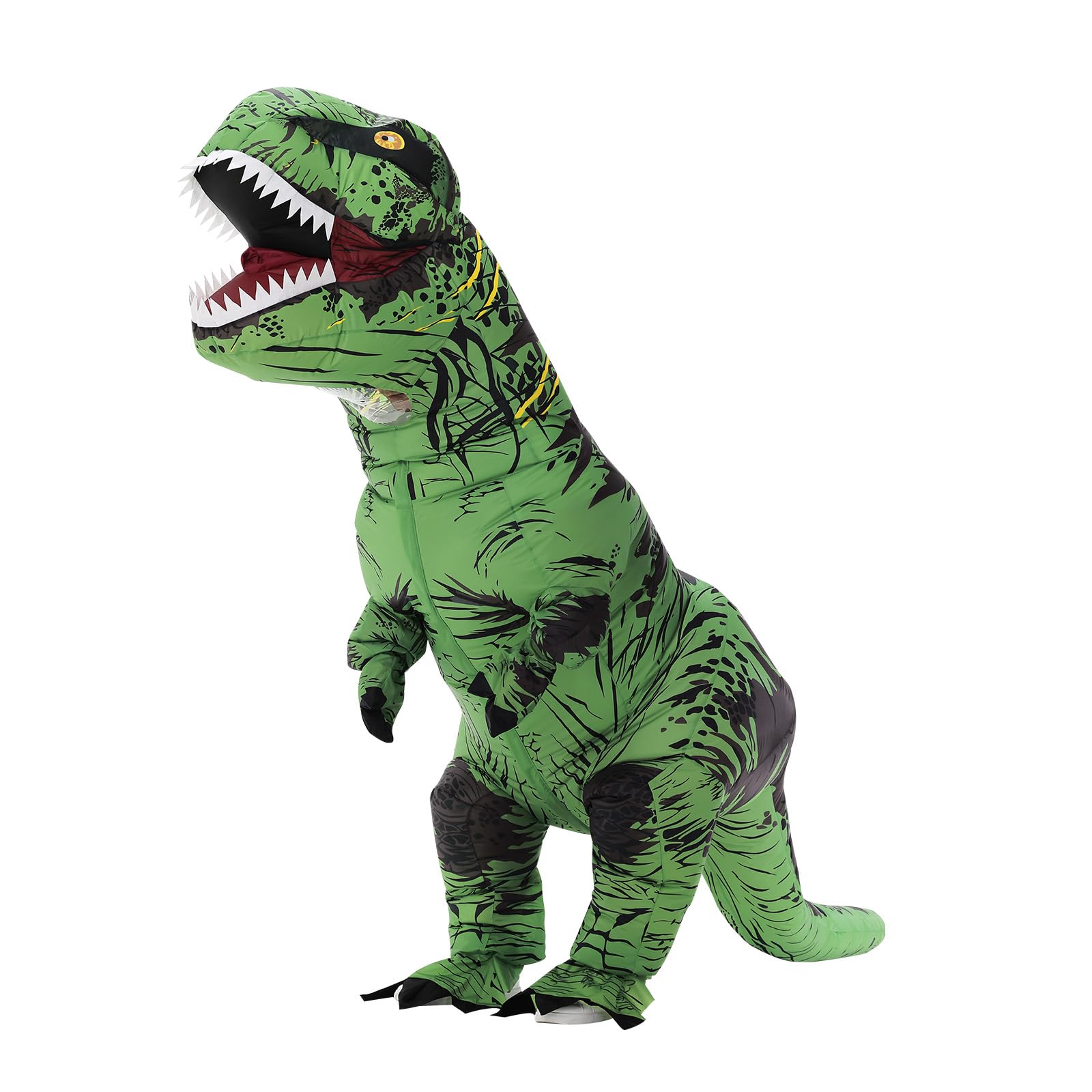 Servllcell green inflatable dinosaur costume worn by a child for Halloween photos