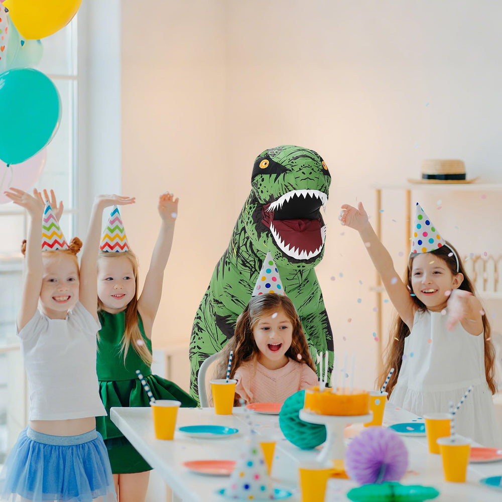 Servllcell green inflatable dinosaur at a Halloween event ready for fun