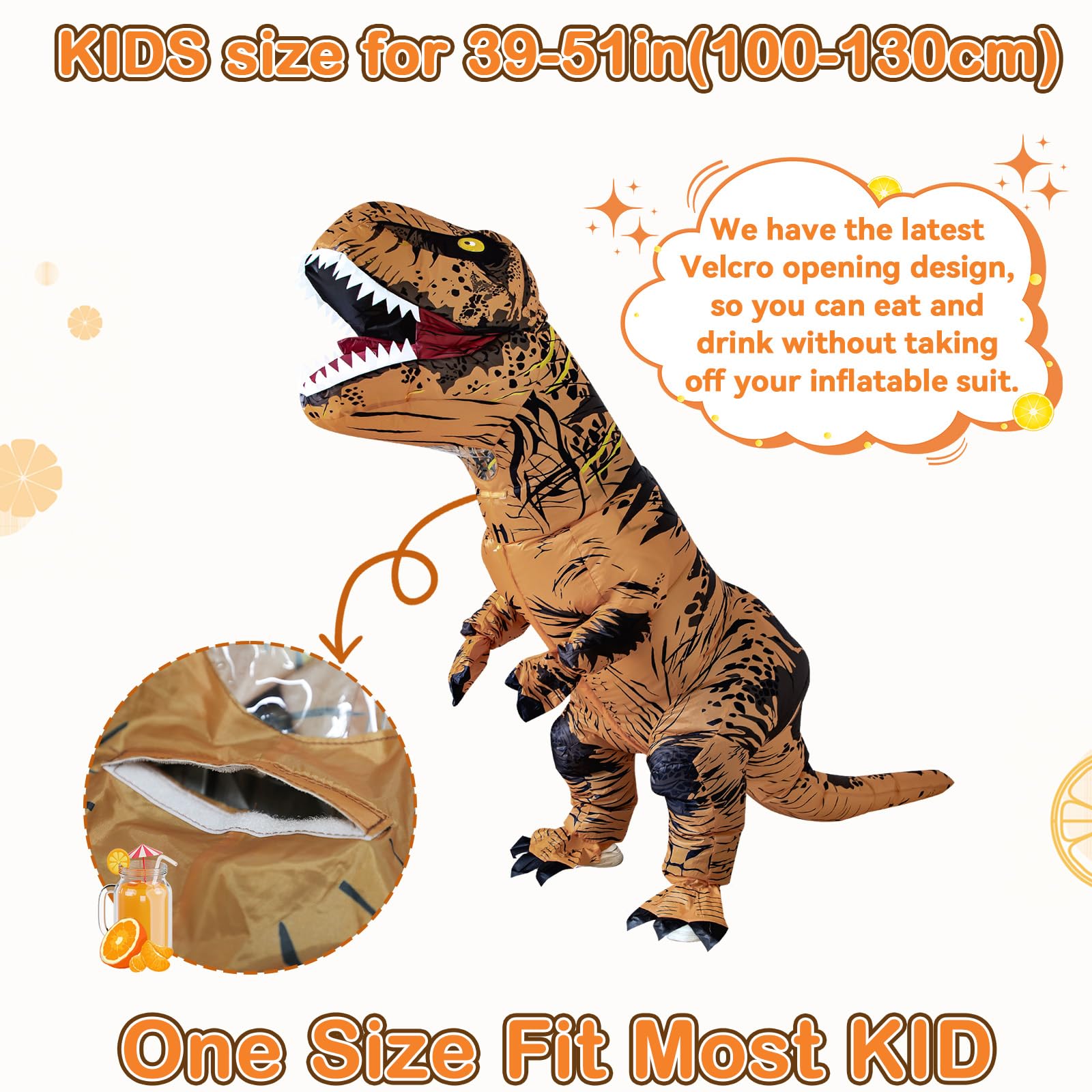 Servllcell inflatable dino costume head detail, shows vivid T-Rex design.