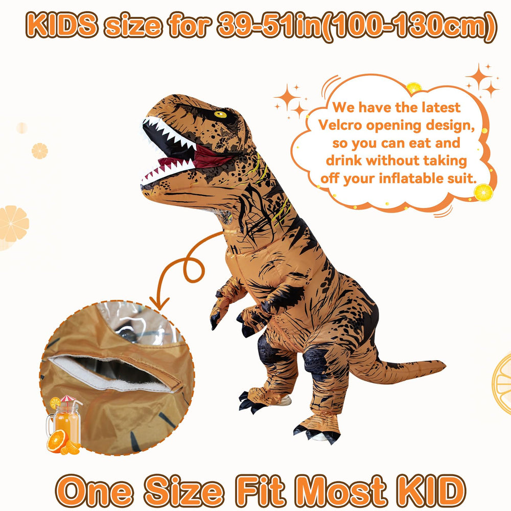 Servllcell inflatable dino costume head detail, shows vivid T-Rex design.