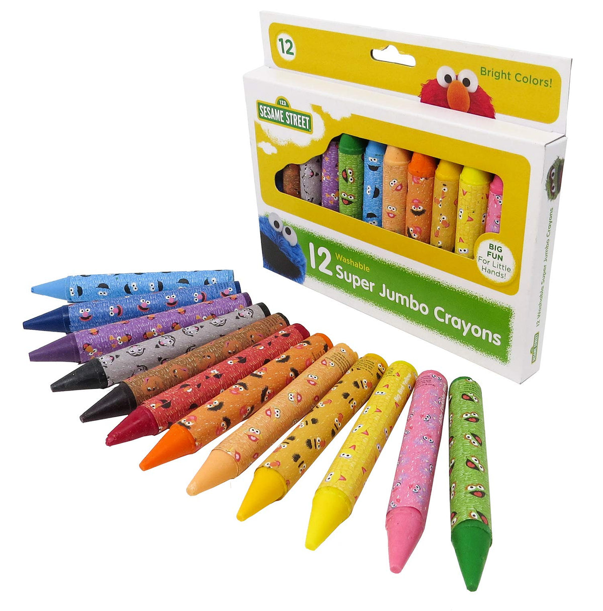 Sesame Street 12-count jumbo crayons in assorted colors, washable for easy cleanup.